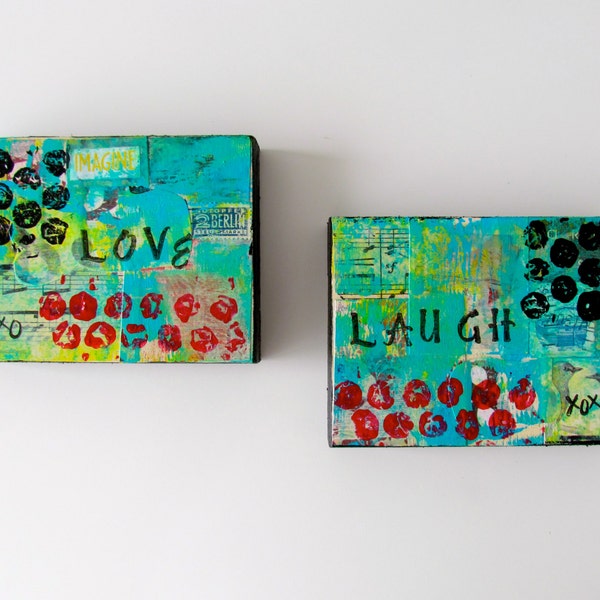 Laugh, Love - Mixed Media Original Collage Art - Set of 2 Wood Canvas - 3" x 4"