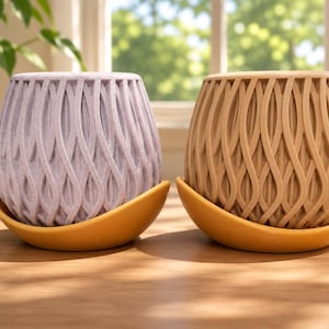 Modern Textured Planter | Decorative Curved Saucer | 2-Piece Plant Pot