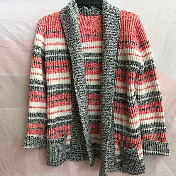 Vintage Knit Cardigan Warm, Black/Gray/Red/White, Medium/Large Pockets! So Cozy. 70's Cuddle up by the fire!