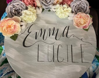 Personalized Painted Door Hanger | Custom Floral Door Sign | Hand-Painted Calligraphy Decor | Welcome, Birthday, or Seasonal Gift