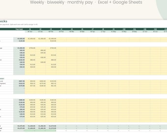May include: A digital paycheck budget spreadsheet template with the title Paycheck Budget Spreadsheet. The document features columns for income, bills, savings, debt, and spending, with rows for specific categories and numerical data in euros.