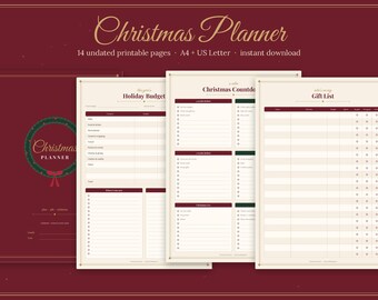Christmas Planner Printable, Holiday Budget & Gift List, Christmas Countdown, Menu Planner, Undated Holiday Organizer, A4 and Letter