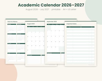 May include: An academic calendar for 2026-2027 featuring a year at a glance, monthly views for August and September 2026, and an important dates page. The design uses dark green headers and white paper with black text for US Letter size.