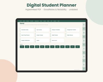 May include: A digital student planner displayed on a tablet screen with a dark green header and navigation tabs. The interface features white rectangular buttons for semester goals, courses, timetables, and trackers, with a monthly navigation bar.