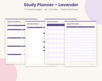 May include: A digital study planner set in lavender featuring 13 undated pages in A4 and US Letter sizes. The sheets include a Weekly Study Planner, Daily Study Planner, Weekly Timetable, and Assignment Tracker with purple headers and lines.