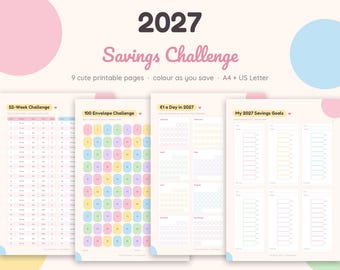2027 Savings Challenge Printable, 52 Week Savings, 100 Envelope Challenge, No Spend Tracker, Sinking Funds, Cute Pastel, A4 & Letter