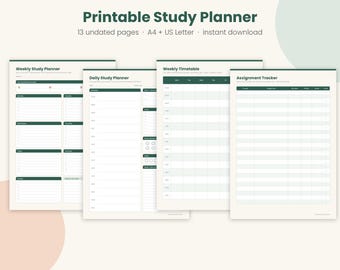 May include: A printable study planner set featuring four pages titled Weekly Study Planner, Daily Study Planner, Weekly Timetable, and Assignment Tracker. The documents have dark green headers, white backgrounds, and black text.