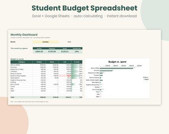 May include: A digital student budget spreadsheet for Excel and Google Sheets featuring a monthly dashboard, budget versus actual expense table, and a bar chart. The interface displays categories like rent, groceries, and transport with calculated totals in euros.