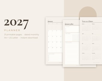 2027 Planner Printable, Minimalist Monthly Planner, Dated Calendar 2027, Goal Planner, Habit Tracker, Weekly & Daily Pages, A4 and Letter