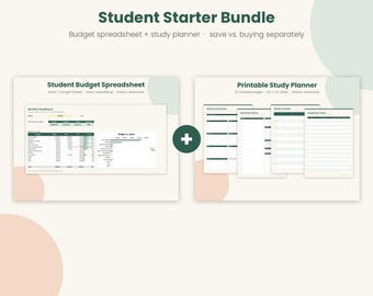 May include: Student Starter Bundle featuring a Student Budget Spreadsheet for Excel and Google Sheets, and a Printable Study Planner with 15 undated pages in A4 and US Letter sizes. The digital documents include monthly dashboards and charts.