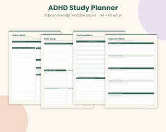 May include: An ADHD Study Planner with 13 brain-friendly printable pages in A4 and US Letter sizes. The set includes templates titled Today, Gently, Brain Dump, Task Breakdown, and Dopamine Menu, featuring dark green headers and lines.