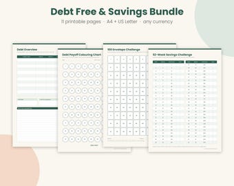 May include: A Debt Free & Savings Bundle featuring 11 printable pages in A4 and US Letter sizes. The set includes a Debt Overview, Debt Payoff Colouring Chart, 100 Envelope Challenge, and 52-Week Savings Challenge with dark green text.