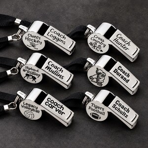 A collection of six whistle-blowing devices, each with a unique name and logo, arranged in two rows of three.