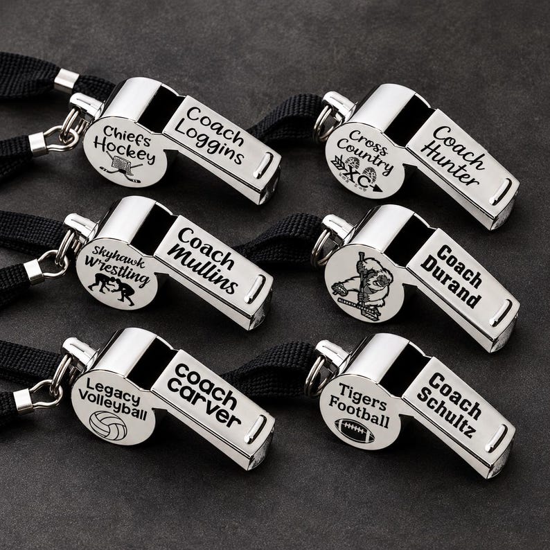 A collection of six whistle-blowing devices, each with a unique name and logo, arranged in two rows of three.