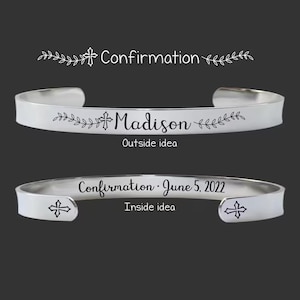 May include: Silver bracelet with the words "Confirmation" and "Madison" engraved on it. The inside of the bracelet has the words "Confirmation - June 5, 2022" engraved on it.