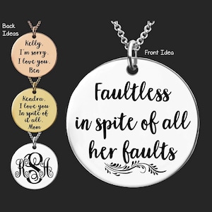 Jane Austen Necklace | Daughter Gift | Sister Gift | Quote Jewelry | Friend Gift | Granddaughter Gift | Faultless In Spite if her Faults