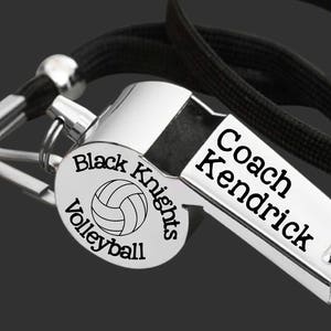 This custom steel whistle is a perfect and popular gift for a favorite coach.  It can be personalized with your teams name and sports graphic engraved on the sides and your coaches name engraved on the mouth.