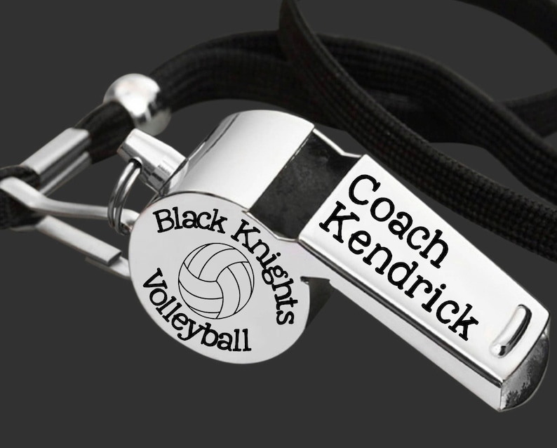 This custom steel whistle is a perfect and popular gift for a favorite coach.  It can be personalized with your teams name and sports graphic engraved on the sides and your coaches name engraved on the mouth.