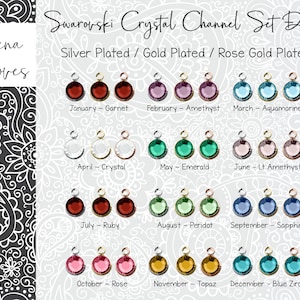 May include: A chart showing Swarovski crystal channel set drops in different colors for each month of the year. The chart includes the month, the name of the crystal, and the color of the crystal. The crystals are available in silver, gold, and rose gold plated settings.