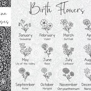 May include: A black and white illustration of birth flowers for each month of the year. The illustration includes the name of the flower and the month it represents. The text "Korena Loves" appears in the upper left corner of the image.