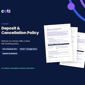 Modello di politica di deposito e cancellazione per il Regno Unito, politica di mancata presentazione per salone, centro estetico, personal trainer, termini di prenotazione, politica sugli appuntamenti, documento Word modificabile.