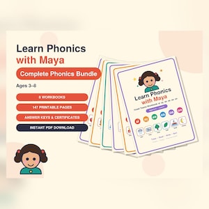 Puede incluir: Un paquete completo Learn Phonics with Maya que incluye 8 libros de ejercicios, 147 páginas imprimibles, claves de respuestas y certificados para edades de 3 a 8 años. El set contiene varias hojas educativas con lecciones y texto.