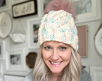 KNITTING PATTERN: Peppermint Swirl Hat Knitting Pattern | Chunky Cable Knit Hat