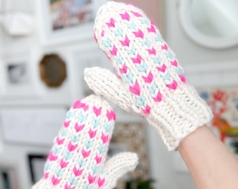 鹿のミトン編み図：ピンク＆パープルの北欧風（PDFパターン） - Etsy 日本
