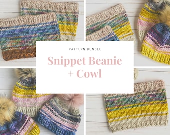 PATTERN BUNDLE: Snippet Beanie + Cowl Knitting Pattern Bundle | Chunky Knit Cowl + Hat |Baby, Toddler, Child, Adult Sizes