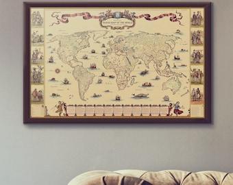 世界の驚異、絵入り世界地図、最大 53 x 40 インチ (135 x 100 cm