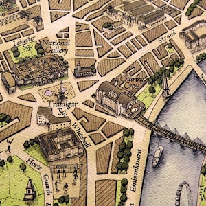 May include: A hand-drawn map of London, England, with landmarks like Trafalgar Square, Charing Cross, and the National Gallery. The map is in a vintage style with brown and green colors.