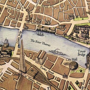 May include: A hand-drawn map of London, England, showing the River Thames, Tower Bridge, and the Tower of London. The map also shows the Shard, Southwark Cathedral, and Borough Market.