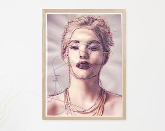 Stitched Portrait Print - Ashley Portrait - Machine Embroidery - Print - Illustration - Wall Art - Unframed