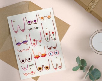 Boobs and the Bees Greeting Card // Floral Artwork // Blank Greeting Card // Boobies Embroidery // Illustration