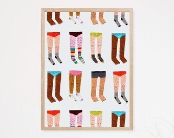 May include: A framed print of a colourful illustration of 16 pairs of legs wearing different socks and underwear.