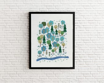 Woodland Print // Embroidery Artwork // A4 Print // Unframed
