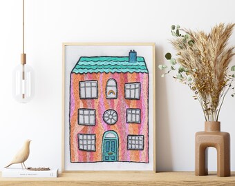 Pink House Print // Hand Embroidery // Dream House // A5 Print // Illustration // Wall Art