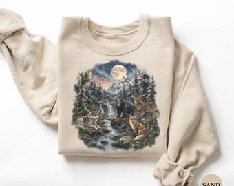 Wildlife Sweatshirt, Forest Animals Crewneck, 90s Vintage Style Pacific Northwest Pullover, Vancouver Island Nature Gift