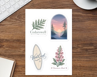 Vancouver Island Sticker Sheet, West Coast Sunset, Cedar, Foxglove & Surfboard Vinyl Stickers, PNW Island Gift, Set of 4