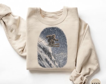 Sasquatch Sweatshirt, Night Ski Blizzard Crewneck, 90s Vintage Style Cliff Drop Pullover, Vancouver Island Gift