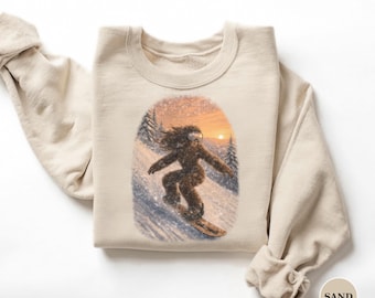Sudadera vintage de los 90 con estampado de Sasquatch Girl y cuello redondo para snowboard / Vancouver Island Sunset Carve / Cedarswell