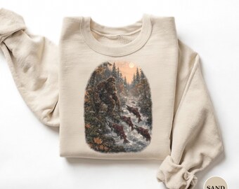 Sasquatch Sweatshirt, Salmon Run Crewneck, 90s Vintage Style Pacific Northwest Pullover, Vancouver Island Gift
