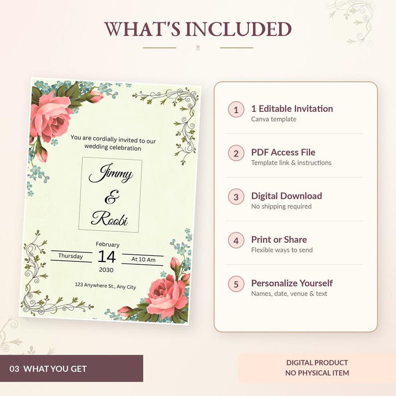Pink Grad Invite Template Pink Rose Wedding Invitation Template Editable Canva Floral Invite ...