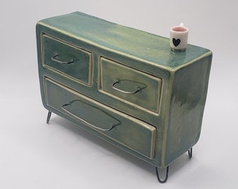 Handmade Porcelain Mini Three Drawer Dresser with Magnetic Mug ~ Jewelry Holder ~ Incense Burner ~ Dollhouse Furniture
