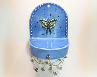 Small Luna Moth Altar ~ Handmade Porcelain Wall Hanging Shelf