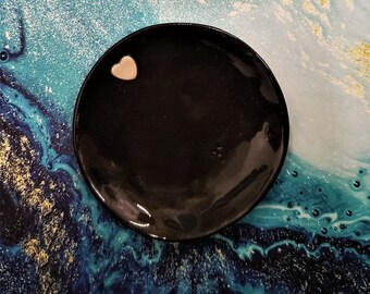 Black Ring Dish Ashtray Altar Dish with Pink Heart Porcelain Ceramic Handmade Dish