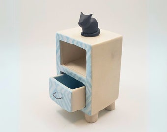 Mini Porcelain Ceramic Handmade Dresser with Drawer and Magnetic Kitty ~ Dollhouse Miniatures Figurine