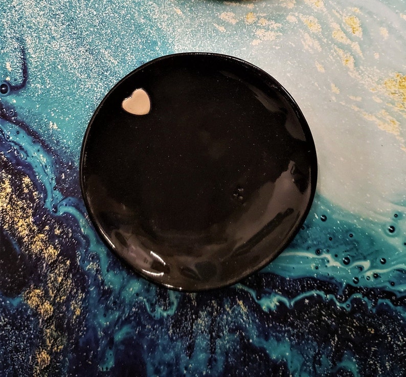 Black Ring Dish Ashtray Altar Dish with Pink Heart Porcelain Ceramic Handmade Dish