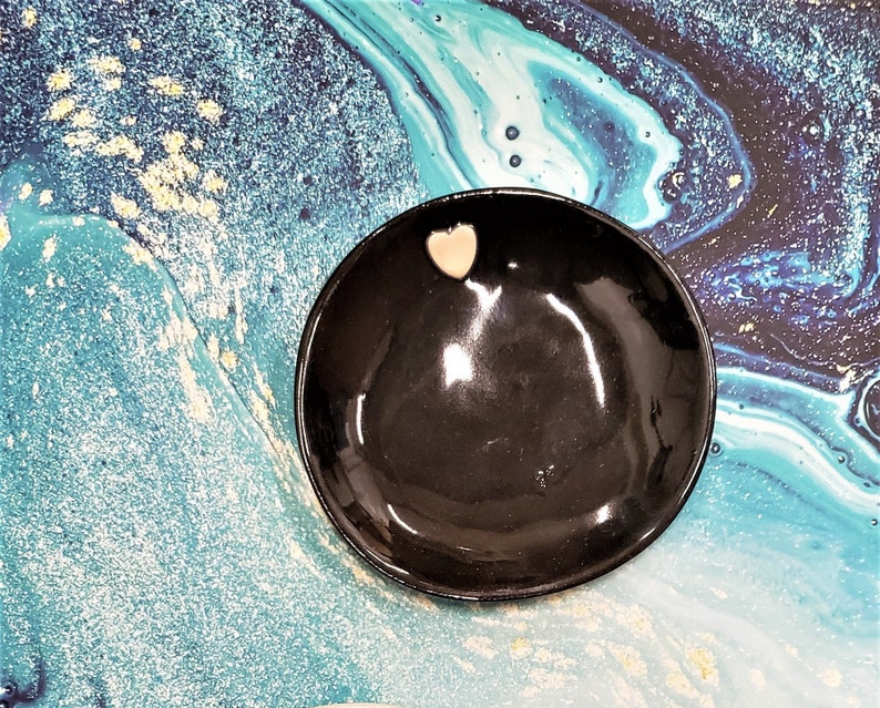 Black Ring Dish Ashtray Altar Dish with Pink Heart Porcelain Ceramic Handmade Dish
