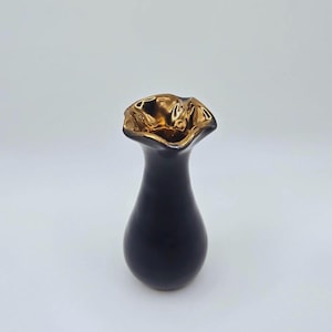 Bud Vase ~ Handmade Ceramic Décor ~ Black and Gold ~ Fluted Wheel Thrown Mini Vase